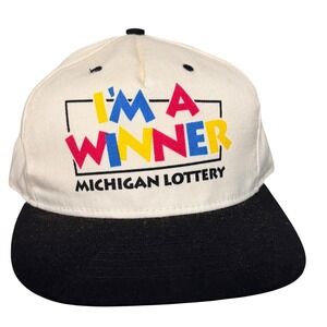Vintage Michigan Lottery Winner Snapback Hat White Black Two Tone Cap 90s
